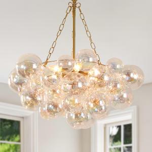 6 Light Gold Glass Bubble Chandelier, 25.2“ Colorful Chandelier, 25.2 in