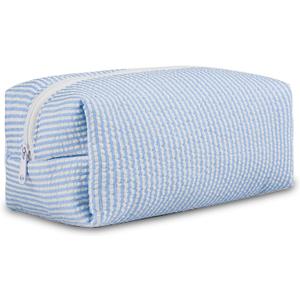 Makeup Bag Travel Cosmetic Bag for Women Cute Seersucker Cosmetic Pouch Small Preppy Makeup Purse Brushes Storage Organizer