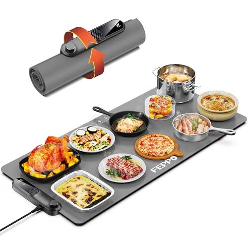 FEPPO Food Warming Mat, (XXL 35”x16”) Electric Warming Trays for Buffets Party, Fast Full-Surface Heating Mat for Food with 19 Level Adjustable Temperature and 6 Hours Timer, Roll Up Food Warmer, Grey