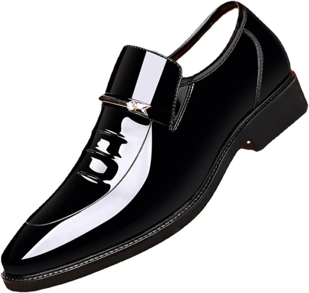 Men's Classic Business Dress Shoes, Oxford Work Formal Shoes, Patent Leather Slip-On Loafers Wedding Dress Shoes (9.5, Bright Black)