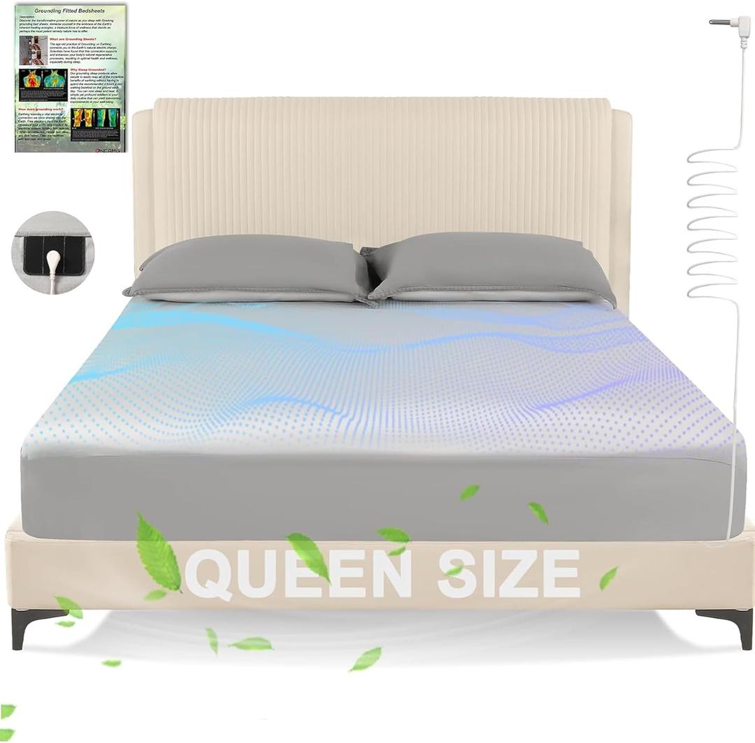 Grounding Sheets Queen Size, Earth Grounded Fitted Bed Sheet with 10% Pure Silver Fiber + 90% Organic Cotton, for Improved Sleep & Wellness (Gray, Queen - 80"x60"x15")