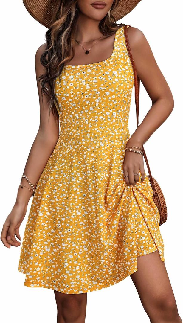 FENSACE Summer Dresses for Women Sleeveless Knee Length Floral Tank Dress (Yellow, XL)