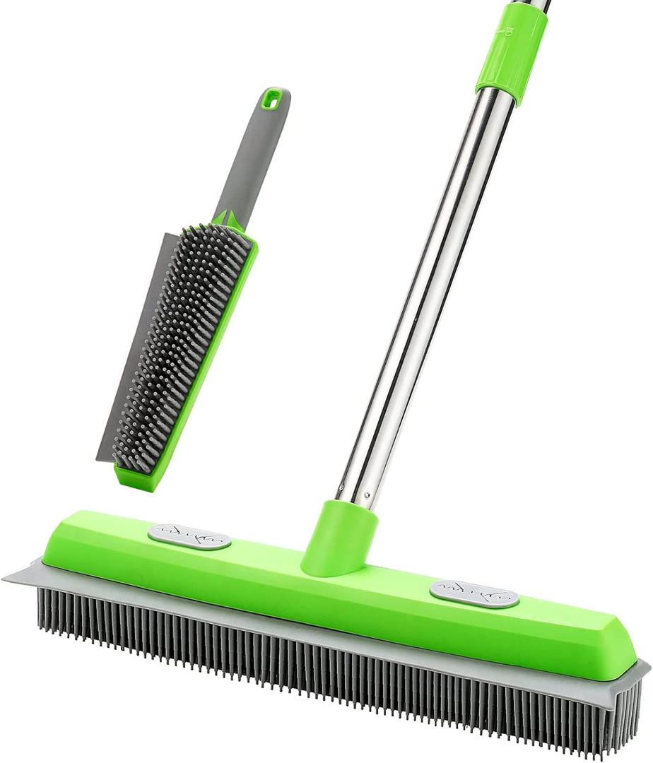 Rubber Broom with Squeegee for Carpet Pet Hair Remover,57 inch Long Handled Fur Remover Rake, Portable Detailing Lint Brush, Pet Removal Fluff Carpet, Hardwood Floor, Tile (Green)