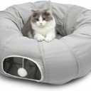 AUOON Cat Tunnel Bed for Indoor Cats - Large Cat Donut Tunnel with Hanging Ball Toy, Collapsible 2-in-1 Multifunctional Interactive Cat Toy for Kitten, Puppy, Rabbit, Ferret (Light Grey)