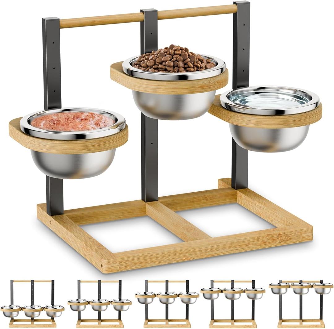 handrong Elevated Dog Bowl,5 Height Adjustable Raised Dog Bowl, Dogs Food Bowls Stand Feeding Station with 3 Food and Water Bowls for Medium, Large Dogs