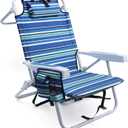 Yestomo Beach Chairs for Adults Heavy Duty, Compact Portable Lay Flat Folding Chair with Backpack Straps and Large Cooler Pouch, Support to 350LBS (Stripes_Blue&Cyan)