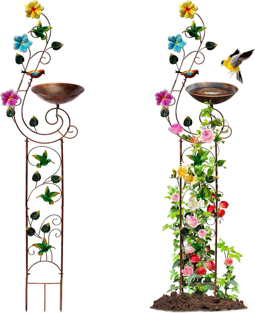 YYWMWM Metal Bird Bath with Trellis for Outside, 57” Height Birdbaths & Supports, Small Garden Decorative Trellises for Climbing Flowers Outdoor (Hummingbird)
