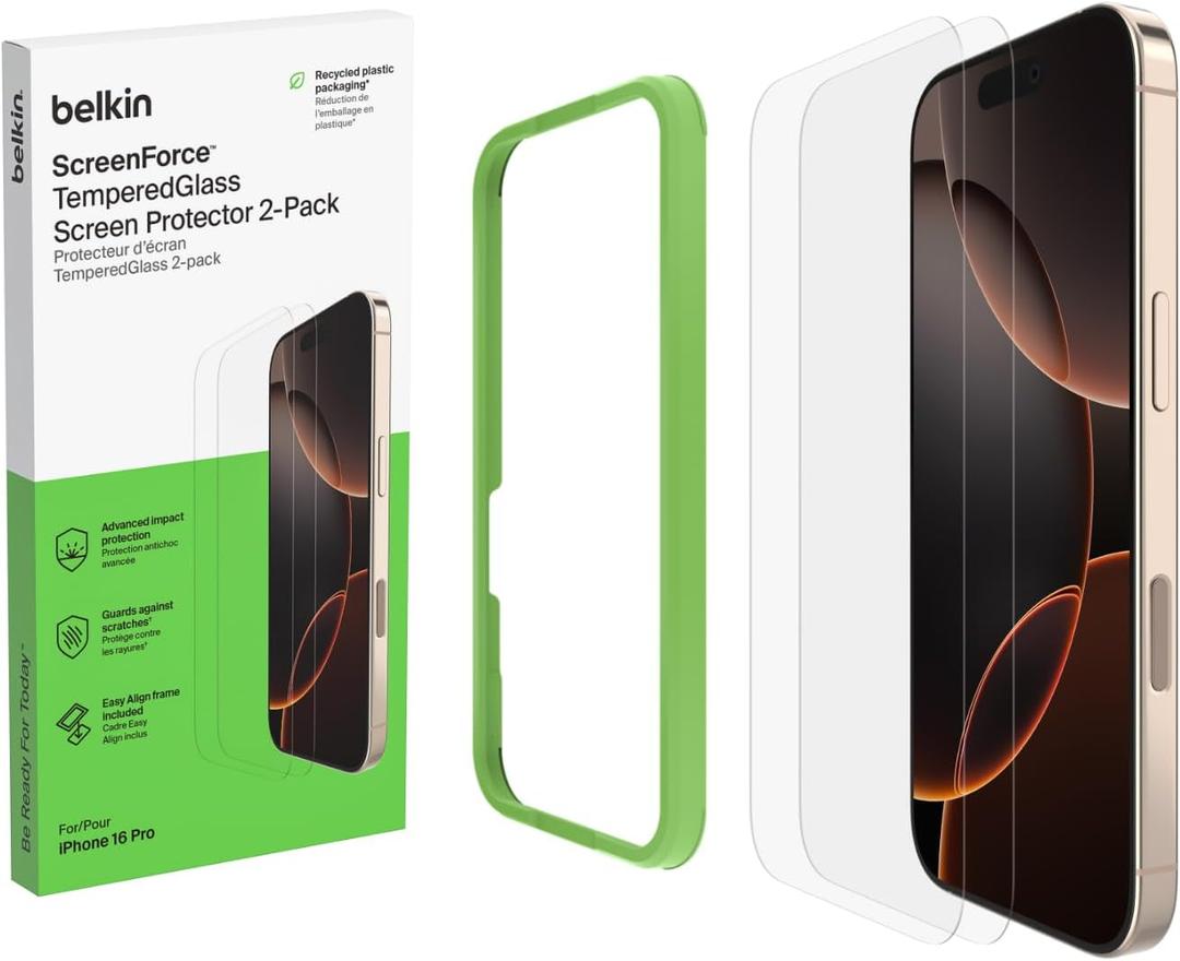Belkin ScreenForce TemperedGlass Treated Screen Protector for iPhone 16 Pro - Slim & Scratch-Resistant - Includes Easy Align Frame for Bubble Free Application - 2-Pack