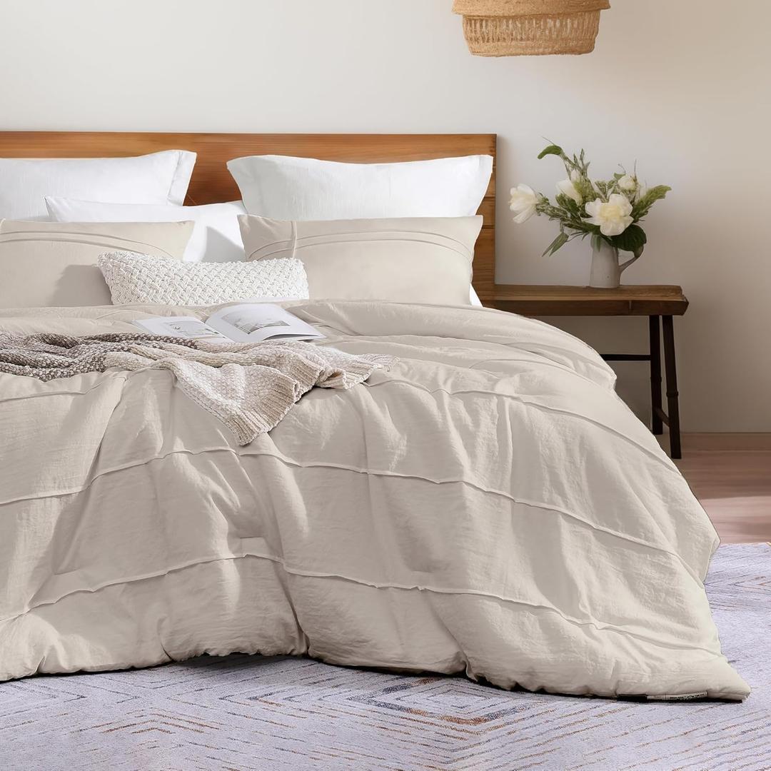 Boho Beige Queen Comforter Set, 3 Piece Pinch Pleat Bedding Sets, Queen Bedding Sets as Boho Comforter for Guest Room, Warm Fluffy Comforter Sets,2 Shams, 90"*90"