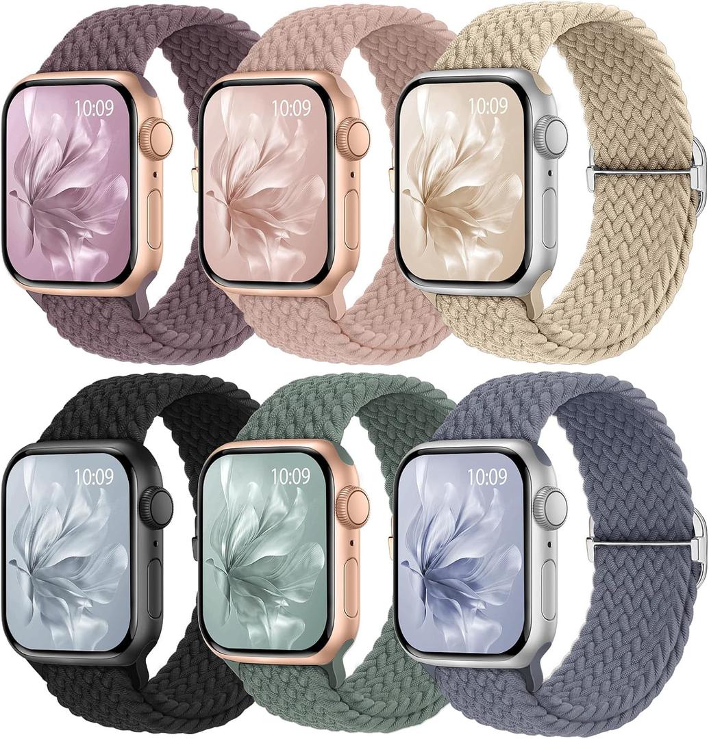 6 Pack Braided Stretchy Bands Compatible with Apple Watch Band 38mm 40mm 41mm 42mm 44mm 45mm 46mm 49mm Women Men, Adjustable Nylon Solo Loop Elastic Straps for iWatch Series 11 10 9 8 7 6 5 4 SE Ultra (Cactus/Beige/Black/Nude Pink/Smoke Violet/Blue Gray)