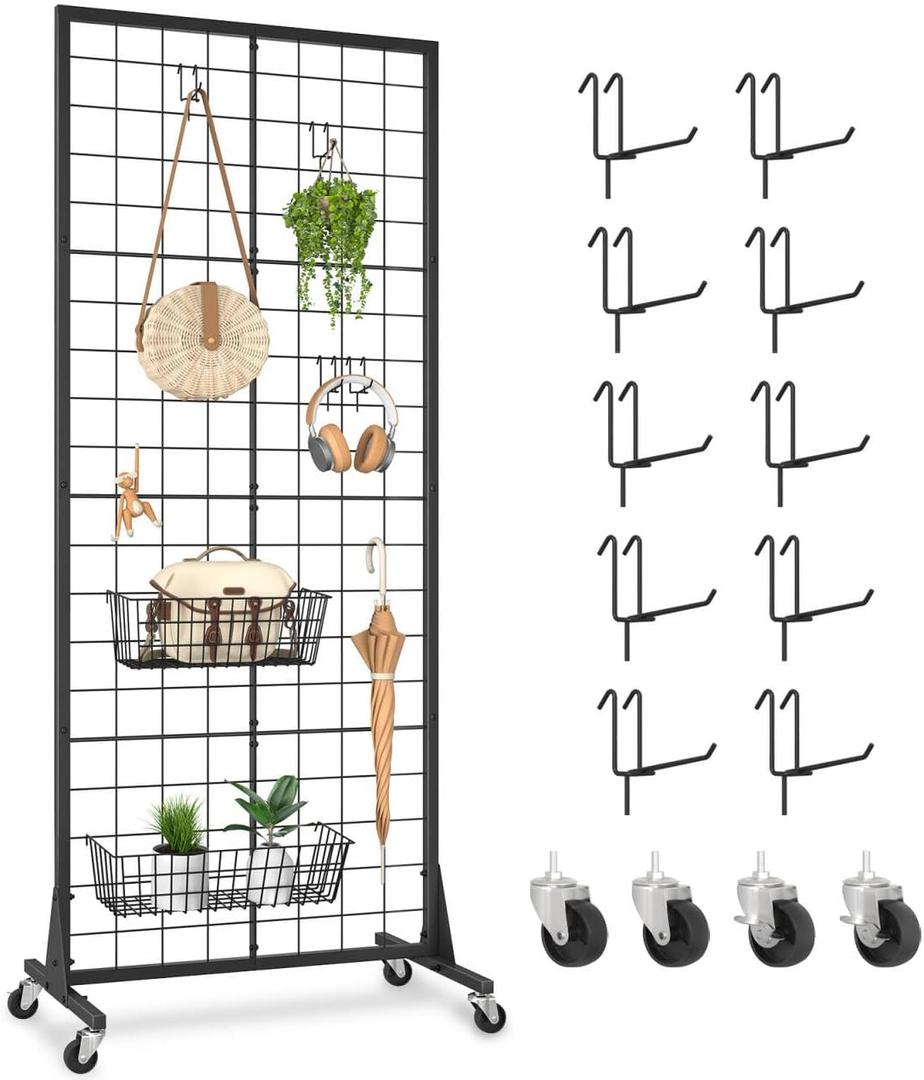 SPACECARE Gridwall Panel Display Stand 2.1' x 5.5' Ft, Heavy Movable Floorstanding Detachable Girdwall for Easy Transport, Standing Grid Tower with Extra Hooks, Display Rack for Retail and Craft Fair