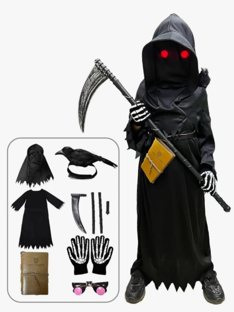 longpo Halloween Costumes for Boys Grim Reaper Costume Kids Set Scary Ghost Cosplay Outfit Halloween Party Favors Gifts.8-10Y