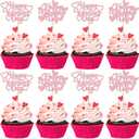 24Pcs Happy Valentine's Day Cupcake Toppers with Heart Glitter Sweet Love Theme Cupcake Picks Valentine's Day Cake Decorations for Valentine's Day Theme Birthday Party Supplies Pink