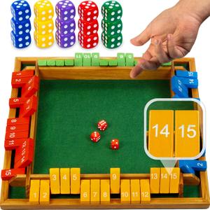 Queensell Shut The Box Game Wooden Board for 4 Players 15 Numbers Shut The Box Game Classic Shut The Box Dice Game for Adults & Kids Family Board Game