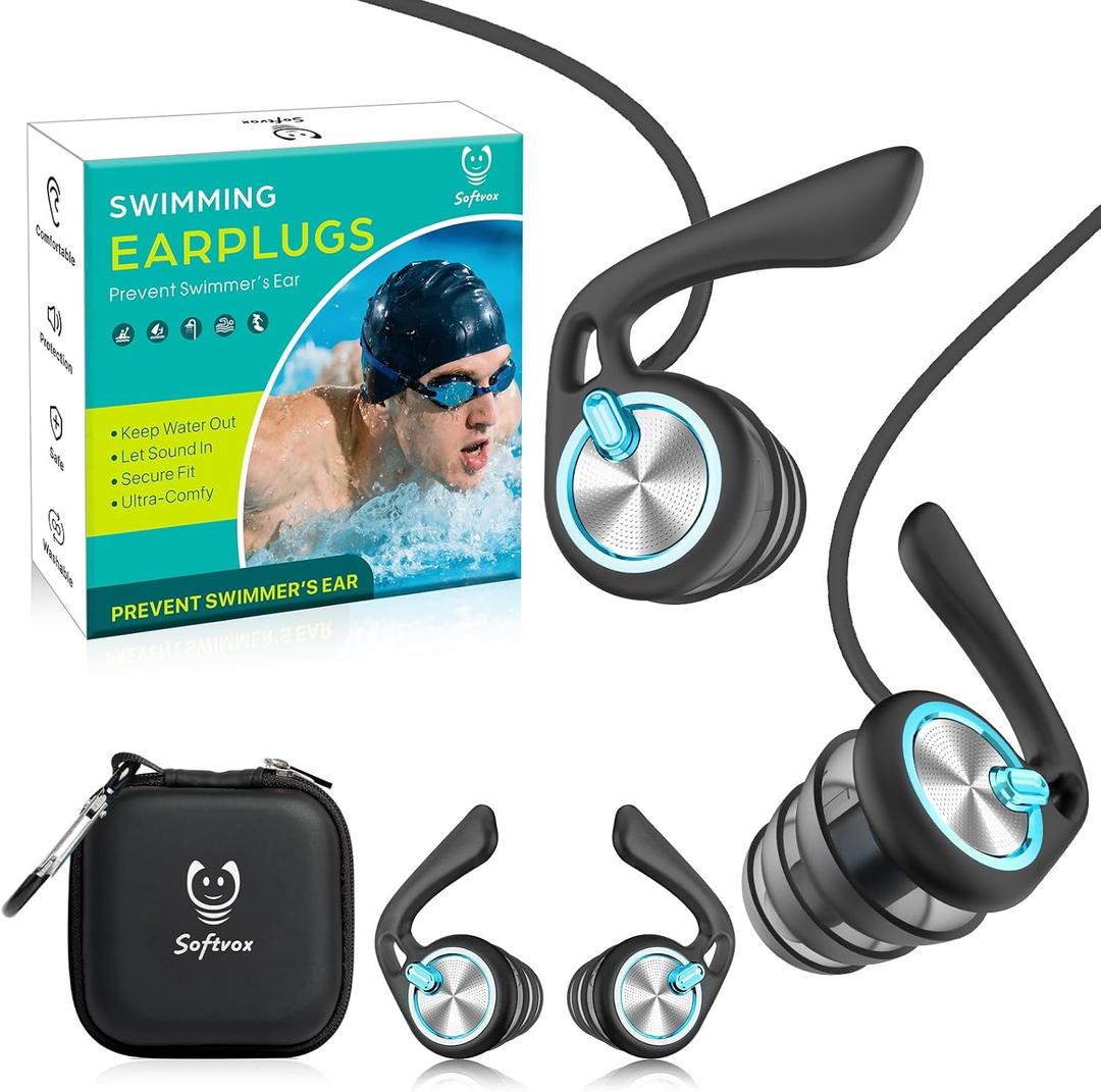 Ear Plugs for Swimming Surfing with Lanyard, Block Out Water Let Sound in, Reusable Comfy Custom-fit Swim Waterproof earplugs Men Women for Swimmer Shower Pool Bath Water Sports, 2 Sizes for 12+