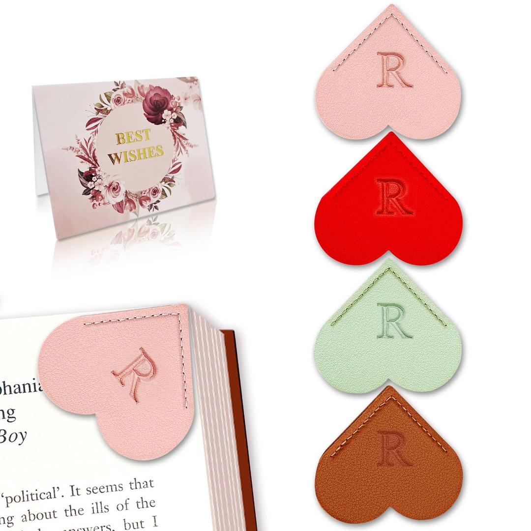 2 x Personalized Leather Heart Bookmark with Initial, Cute Letters Custom Corner Book Mark for Reading Women, Student, Book Lovers, Teacher Appreciation Gifts (Red+Brown+Pink+Honeydew Green, R)