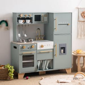 ROBUD Play Kitchen Set, Wooden Play Kitchen with Ice Maker, Fridge, Coffee Machine, Oven, Dishwasher, Microwave, Kitchen Accessories, Toy Kitchen Gift for Boys Girls, 3+ (Bean Green)