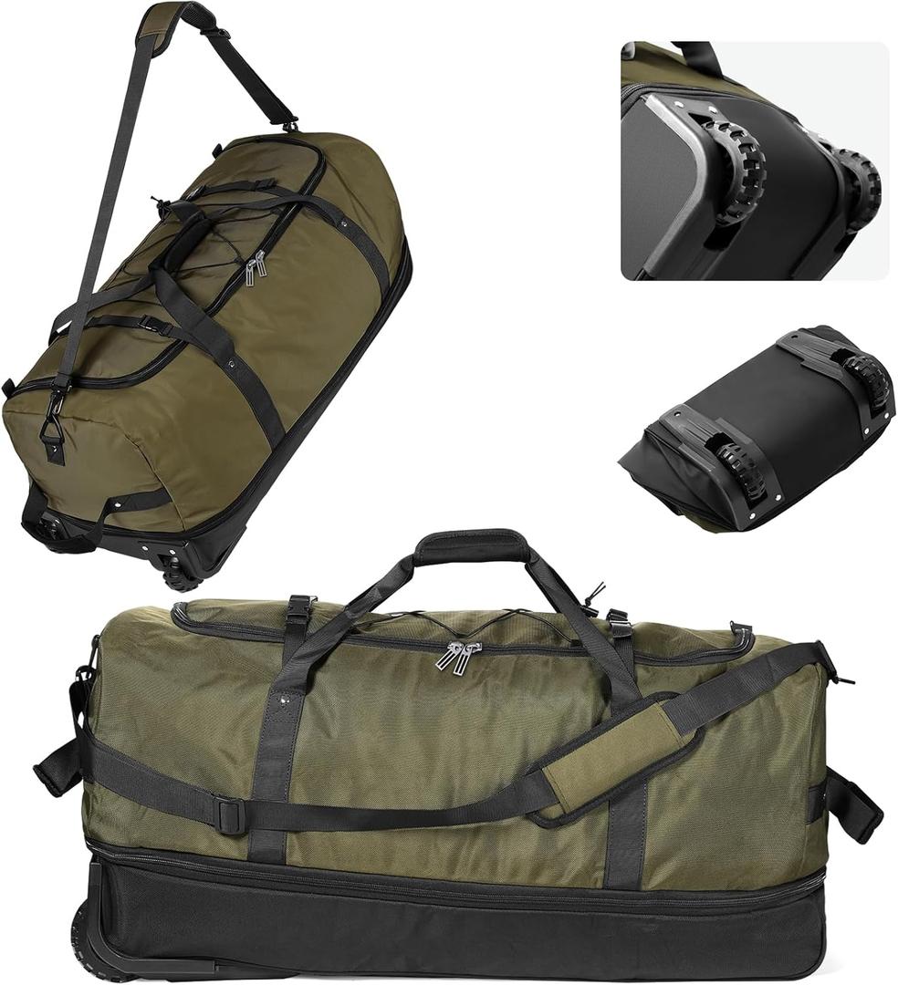CONTAIL 32-Inch Rolling Duffle Bag, Expandable 110L-140L Capacity, Soft-Sided Foldable Design with Dual Wheels, No Traditional Telescoping Handle, for Travel, Business,Military Green