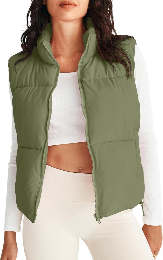 MEROKEETY Puffer Vest Women 2025 Fall Winter Sleeveless Jackets Lightweight Warm Stand Collar Quilted Zip Up Coat (Green, L)