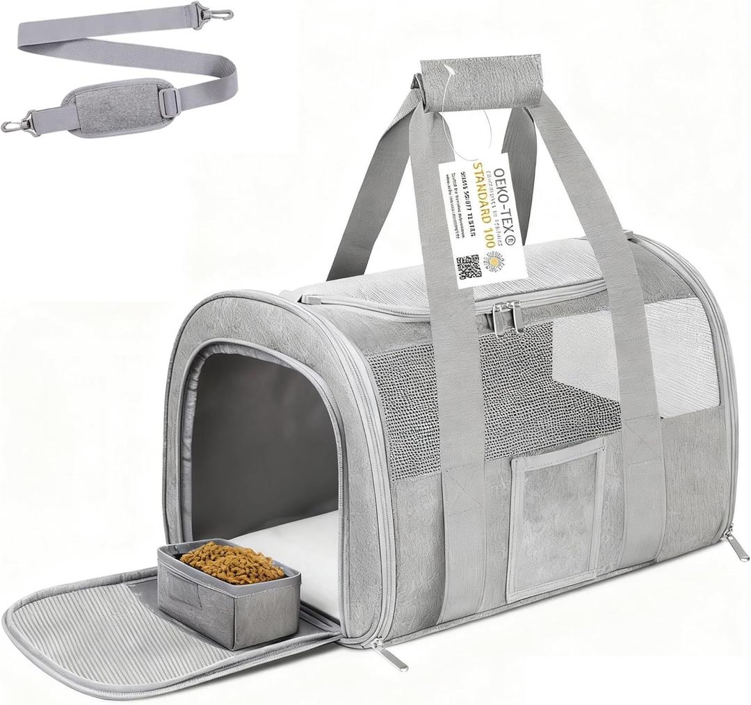 Cat Carrier Pet Dog Carrier Airline Approved for Puppy Kitten Carriers Under 15lb, Collapsible Soft Sided TSA Approved Travel Carrier-Grey