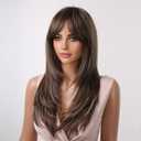 HAIRCUBE Long Layered Synthetic Hair Wigs for Women with Bang(Brown with Highlights)