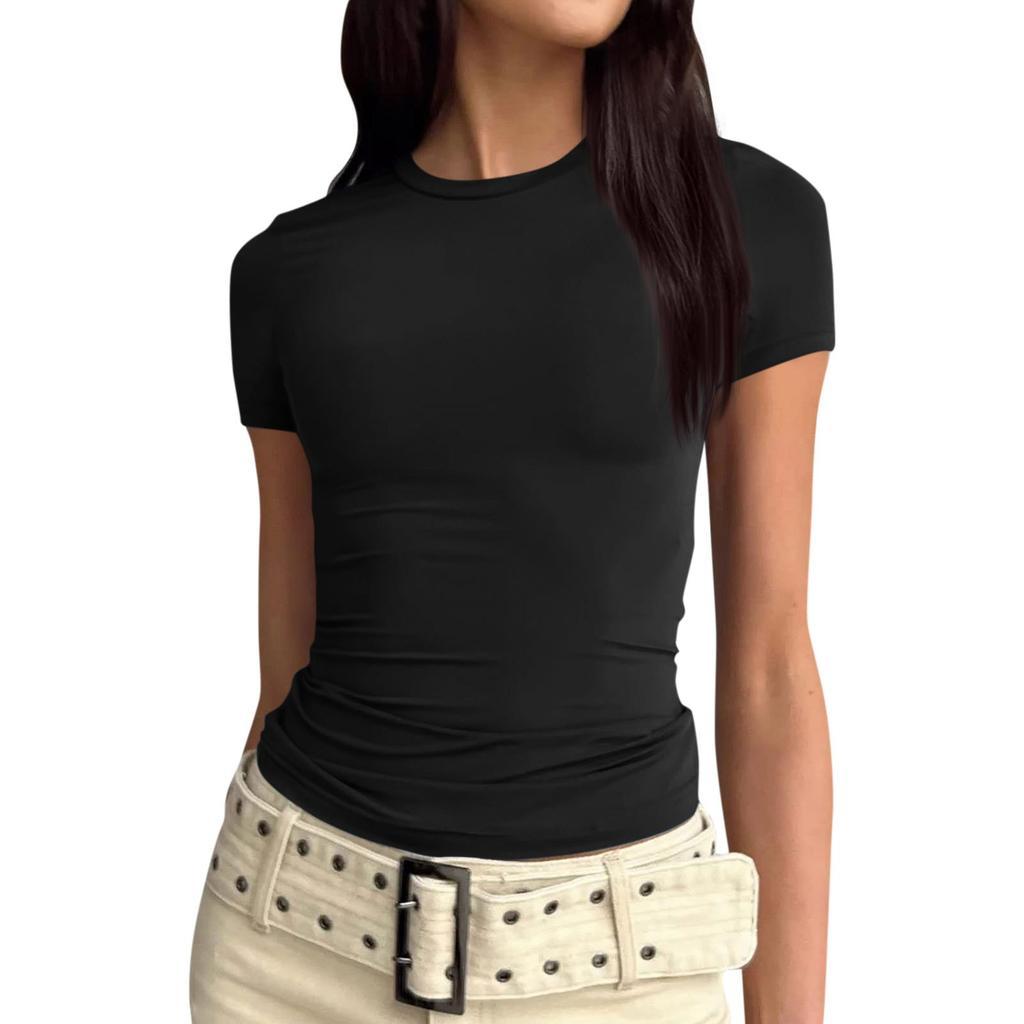 AUTOMET Womens 2 Piece Short Sleeve Shirts Basic Going Out Slim Fitted Crop Tops 2025 Summer Y2k Clothes (Large, Black,white)