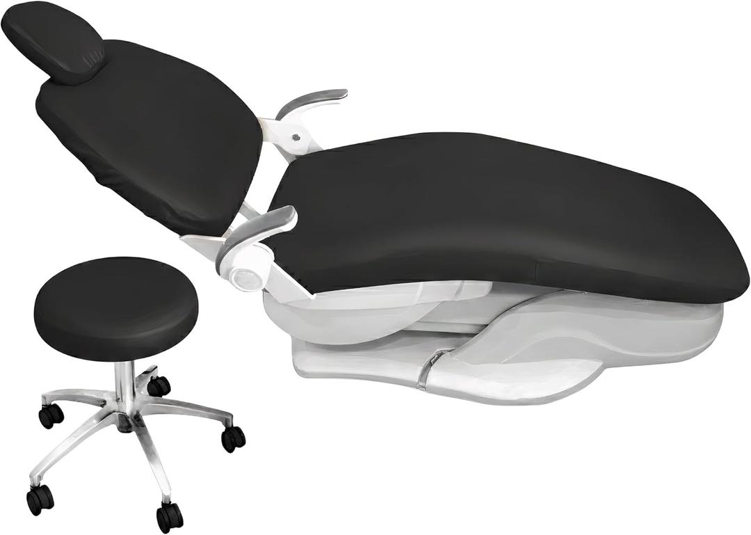 4Pcs/Set Protective Dental Chair Covers PU Leather Waterproof Elastic Seat Cover Headrest Backrest Round Cushion Protection Reusable Washable Wipeable Dentist Office Equipment Upholstery Case (Black)