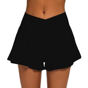 Womens Crossover Athletic Shorts Wide Waistband Flowy Tennis Sports Skorts with Pockets (Black, XL)