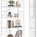 Himix 5-Tier Storage Folding Shelf with 20 Hooks, 4 Wheels, and Adjustable Feet, Stainless Steel (White)