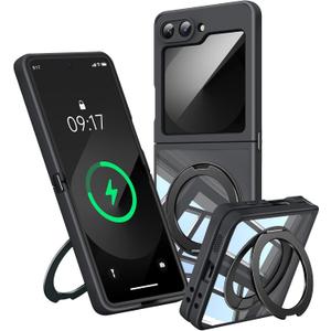 360Spin Magnetic Stand Case for Galaxy Z Flip 6/5 Fit for MagSafe & Pixelsnap Cover with Ring Holder No-Yellow Crystal Clear Camera Protection Phone Samsung Galaxy Z Flip 6/5 Case - Black