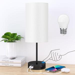 AKASUKI Table Lamp for Bedroom, 3 Way Dimmable Touch Lamp with Dual Charging Station, Small Bedside Lamps for Night Stands, Living Room, Office(LED Bulb Included) (14.25 in, White Shade-Black Base)