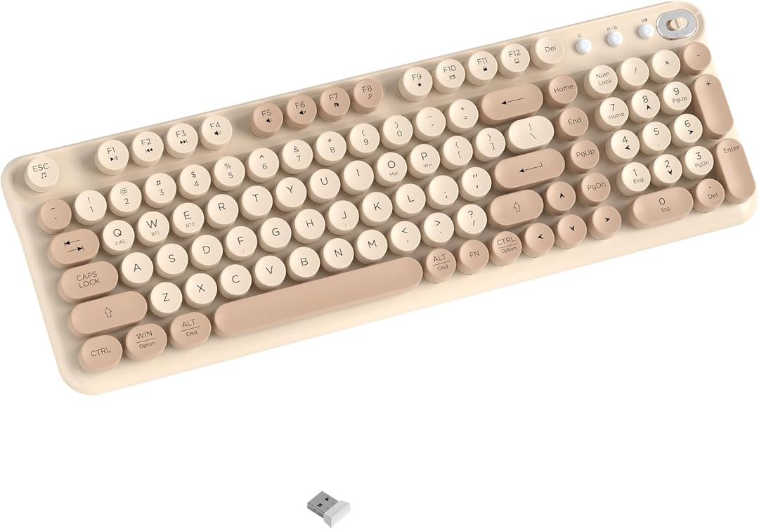 Wireless Bluetooth Keyboard - Full Size Retro Round Typewriter Style Wireless Keyboard with 2.4GHz & Bluetooth Dual-Mode Compatibility for PC, Laptop, Windows, Mac, and More (Milk Tea)