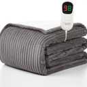Homemate Heated Blanket Electric Throw - 50"x60" Heating Blanket Throw 1/2/4/6/8 Hours Auto-Off 10 Heat Levels Over-Heat Protection Soft Flannel Sherpa Heater ETL Certification (Light Grey (Striped))