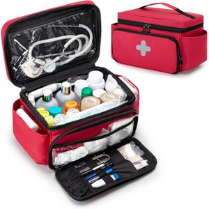 CURMIO Small Medicine Storage Bag Empty, Family First Aid Box, Pill Bottle Organizer for Emergency Medical Supplies, Red (Bag Only, Patent Pending)