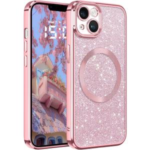 Glitter for iPhone 14 Case, Cute Bling Phone Case iPhone 14 6.1" [Compatible with MagSafe] Luxury Sparkle Shockproof Slim Full Body Protective Phone Cases Covers for Women and Girls, Pink
