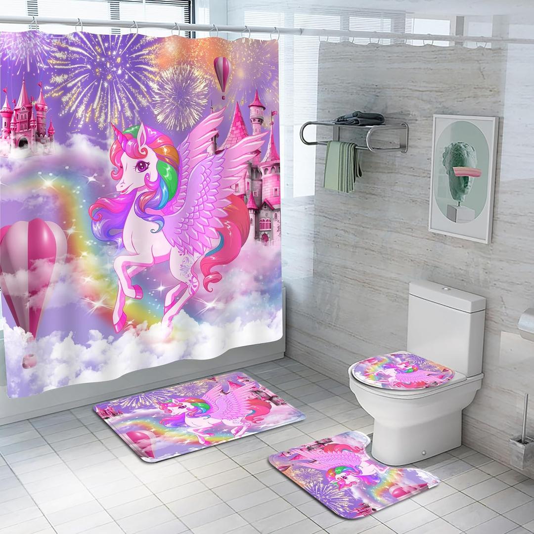 4Pcs Unicorn Kids Shower Curtain Set with Memory Bath Mat, Non-Slip Bathroom Rugs and Toilet Lid Cover, Waterproof Purple Shower Curtain Set with Hooks, Girls Kids Bathroom Decor Sets