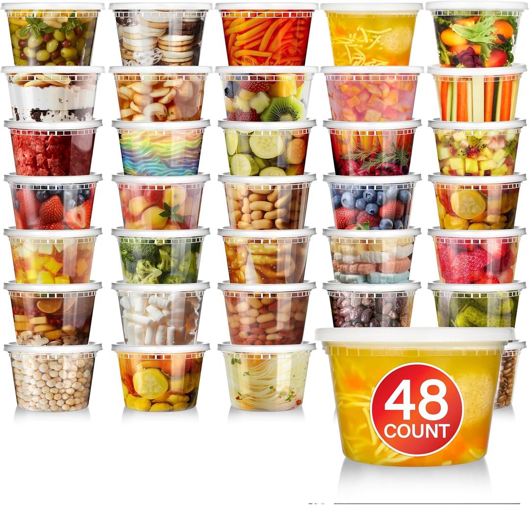 Stock Your Home 16oz Plastic Deli Containers with Lids (48 Pack), Disposable Plastic Food Storage Containers with Lids, Reusable Freezer Containers, To Go Soup Containers with Lids, Microwave Safe