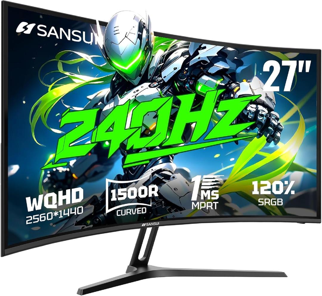 SANSUI 27 Inch Curved Gaming Monitor 240Hz, 2K WQHD 1500R Curved Computer Monitor, 120% sRGB, MPRT 1ms, Freesync, HDR, HDMI*2, DP1.4 * 2,VESA(100 * 100mm)