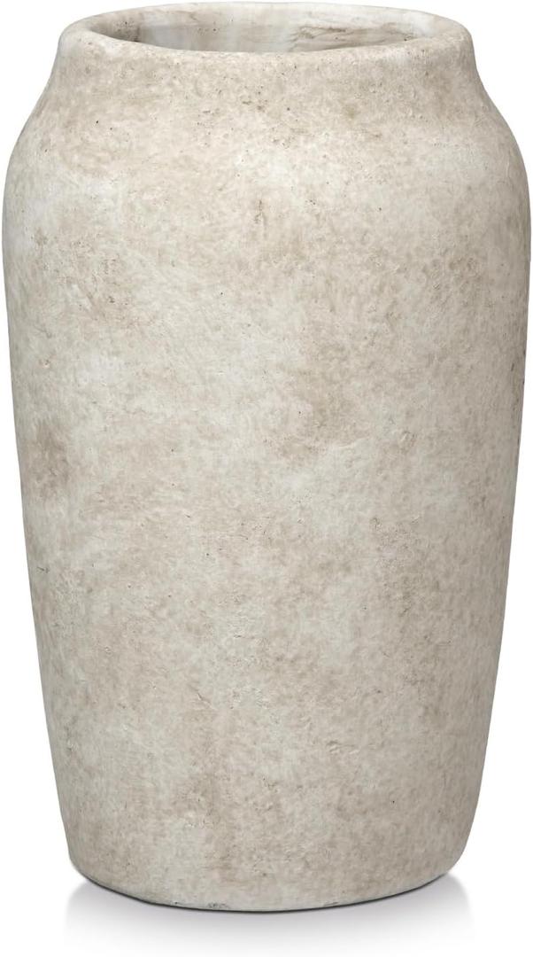 Briful 9.06'' Large Ceramic Rustic Vase Shabby Vintage Textured Vase, 4.33'' Wide Mouth Pampas Vase for Fake Flowers Branches, Farmhouse Home Dcor, Weddings Shelf Table Decor,Heige (Beige)