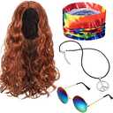 WILLBOND 4 Pieces Hippie Costume Set, Wig Peace Sign Necklace Sunglasses and Tie Dye Headband Pride 60s 70s Accessories(Brown, Wavy Hair) Missing Hair
