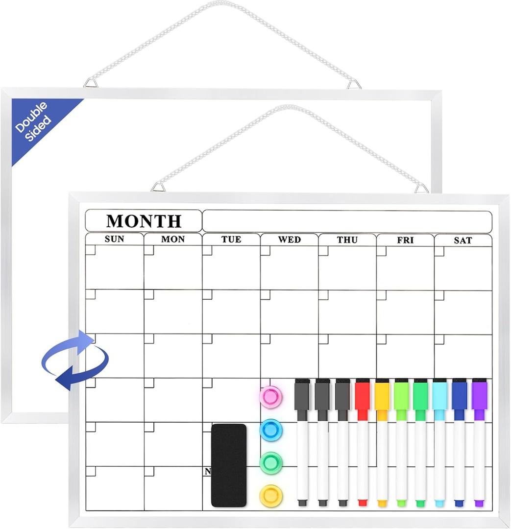 2 x Monthly Calendar Dry Erase Board for Wall, 16"x12" Double-Sided Magnetic Calendar White Board with Hooks, Silver Aluminum Alloy Frame Hanging Whiteboard for Office, Home, School