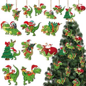 BBTO 40 Pcs Christmas Dinosaur Ornaments Christmas Tree Topper Ornaments Wood Decorative Hanging Dinosaur Wooden Decors for Tree Xmas Party Holiday Decoration