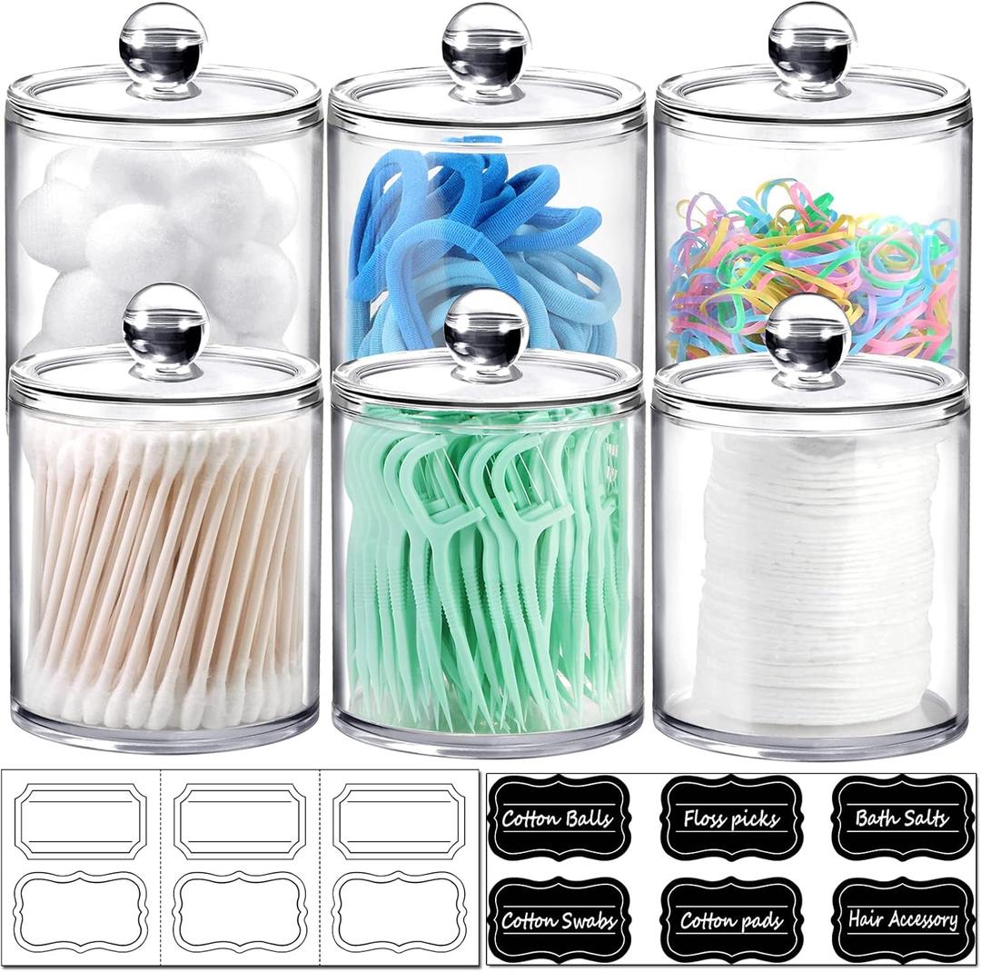 SheeChung 6 Pack Qtip Dispenser Apothecary Jars Bathroom with Labels - Qtip Holder Storage Canister Clear Plastic Acrylic Jar for Cotton Ball, Swab,Pads, Rounds,Floss Picks, Hair Clips (Clear)