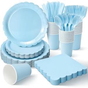 Vyntra 175 PCS Disposable Plates for Party, Paper Plates & Napkins Set with Cups, Knives, Forks, Spoons, 7'' Dessert and 9'' Dinner Plates for Baby Shower, Boy Birthday - Light Blue