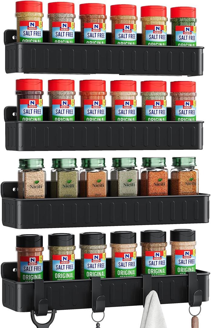 Nieifi Spice Rack Wall Mount, 4 Pack, Black, Screw or Adhesive Installation, Spice Rack Organizer for Your Kitchen Cabinet or Pantry Door