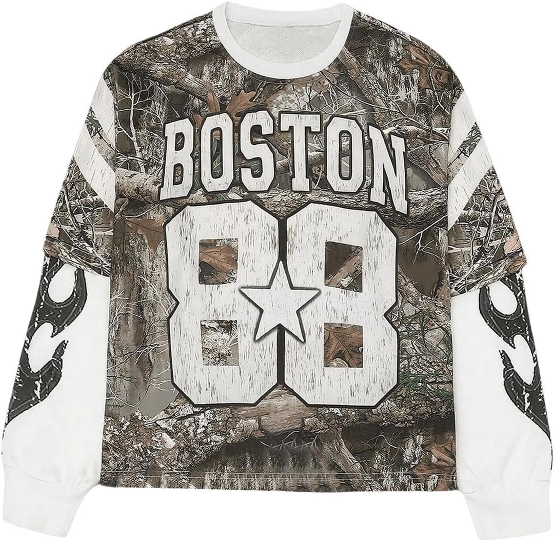 BEAUDRM Men's Camo Jerseys Shirt Letter Print 2 in 1 Sweatshirts Graphic Long Sleeve Crewneck Camouflage Hunting Tops Green, Small