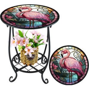 Cinnvoice Outdoor Side Table Round Small Mosaic Patio Accent Indoor End Plant Coffee Tea Table for Yard Patio Porch Garden Living Room, Bedroom(Flamingo Style,14 Inch)