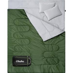 Ohuhu Double Sleeping Bag: Queen Size 2 Person 3 Season for Warm & Cold Weather Camping Sleeping Bag with 2 Pillows, Large Size 87'' x 60'' Waterproof Lightweight (Green)