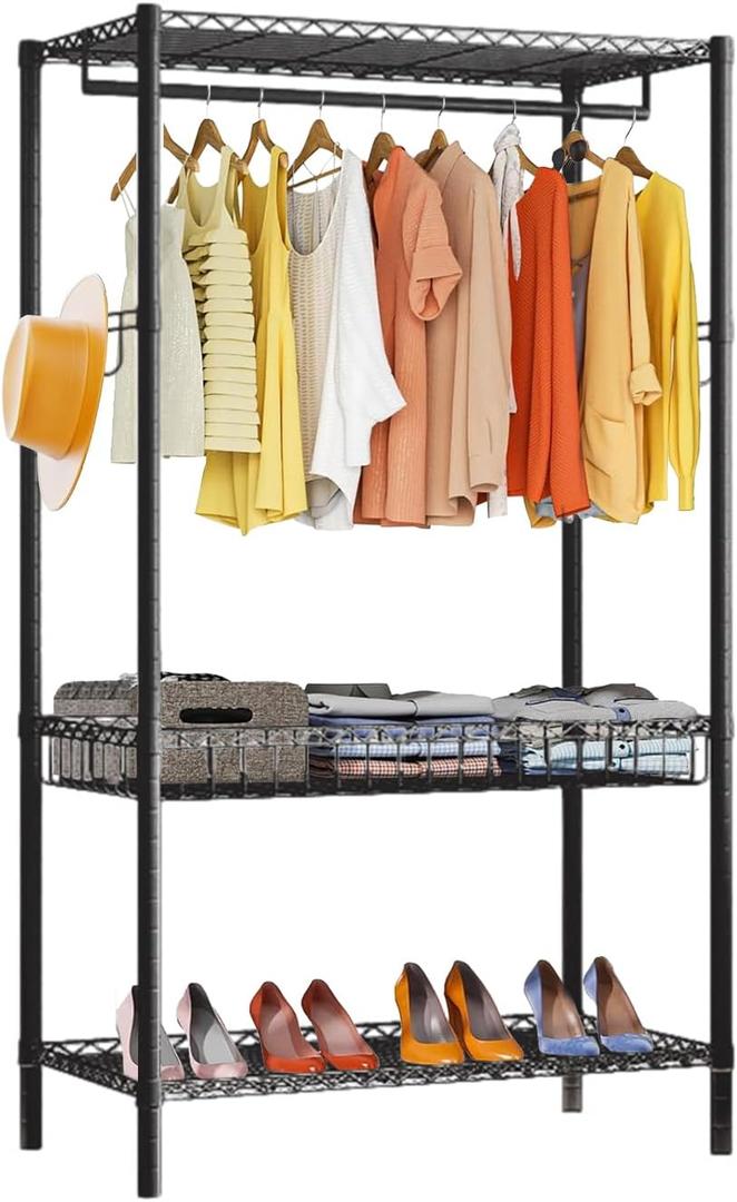 GarveeHome Heavy Duty Clothes Rack, 3 Tiers Rolling Garment Rack for Hanging Clothes, Adjustable Wire Clothing Rack With Storage Shelves, Lockable Wheels Freestanding Closet Wardrobe for Bedroom (black)