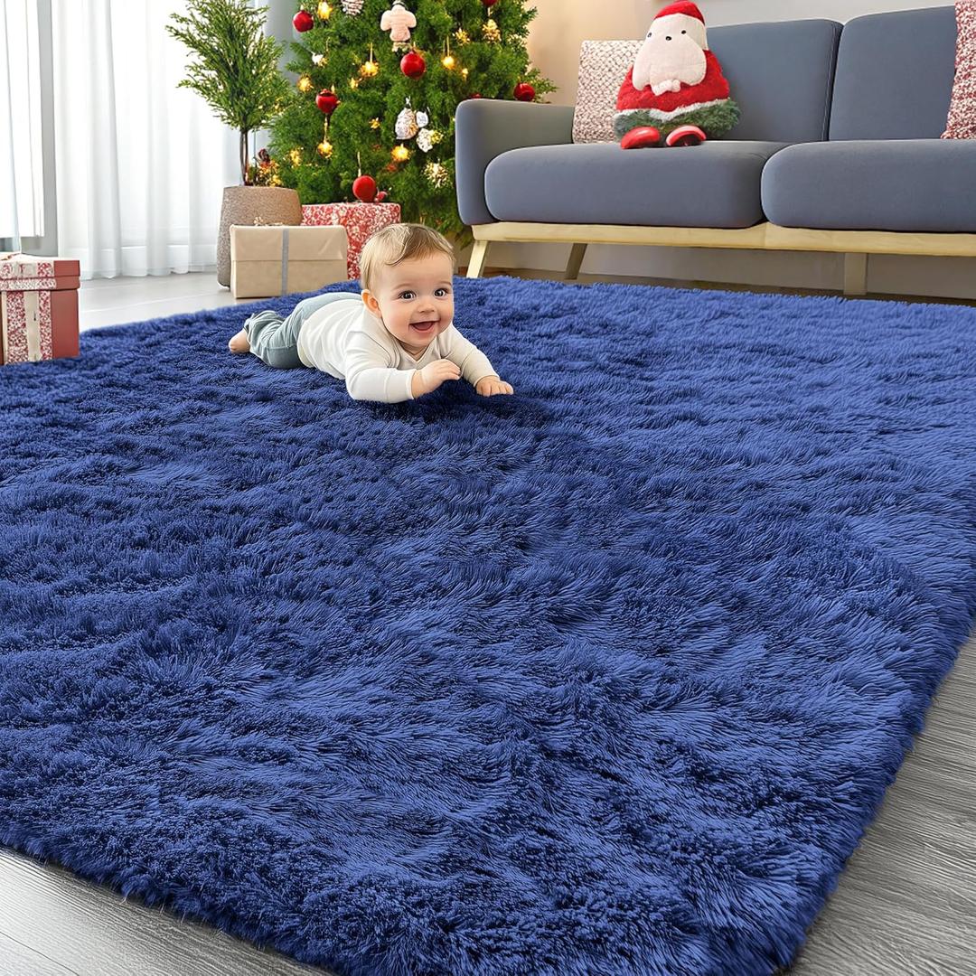 OLANLY 8x10 Machine Washable Large Area Rugs for Living Room, Bedroom, Soft Fluffy Shaggy Bedside Rug, Indoor Floor Carpet for Kids Girls and Boys, Dorms, Nursery, Home Decor Aesthetic, Navy Blue